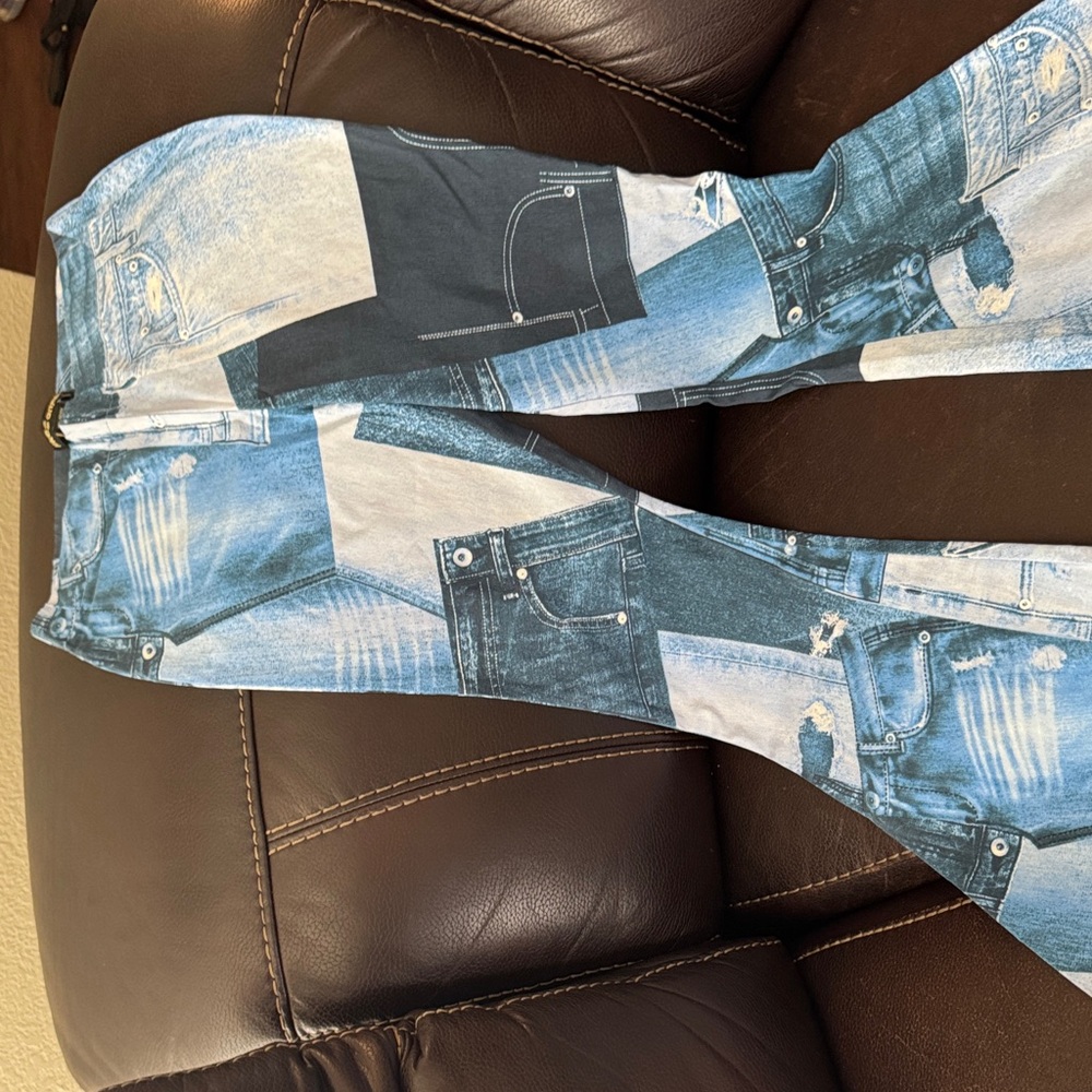 Patchwork Denim Print Flared Pants - image 1